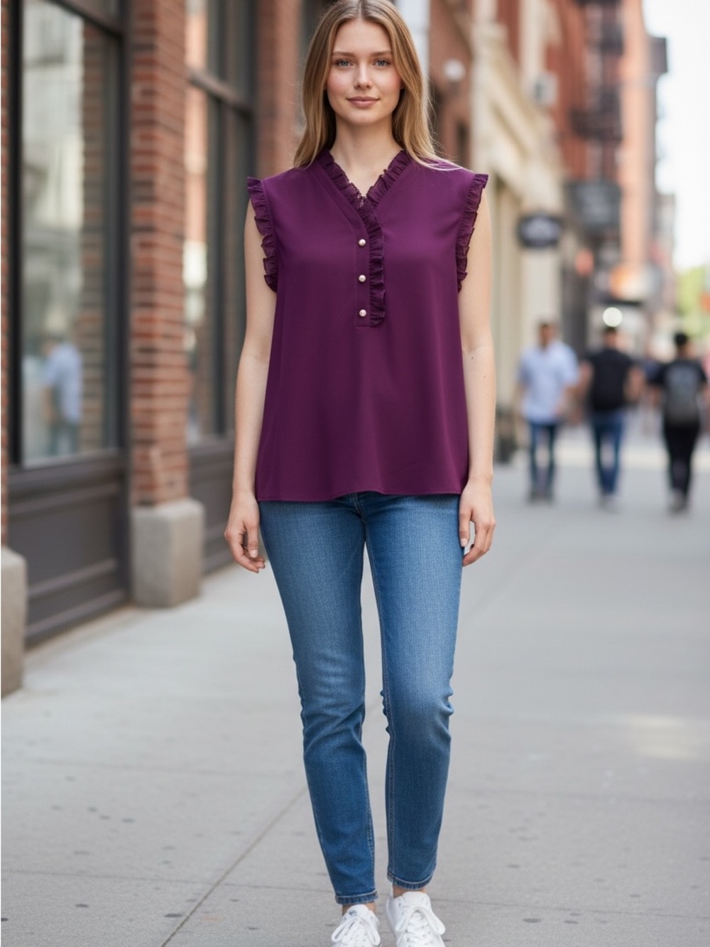 Sleeveless Ruffle-Trim V-Neck Camisole - Plum